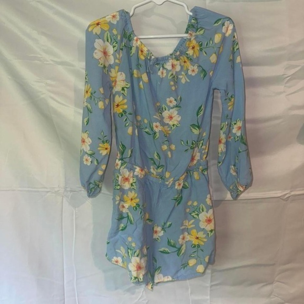Kids Light Blue Floral Long Sleeve Romper Yellow White Flower Print Scoop Neck
